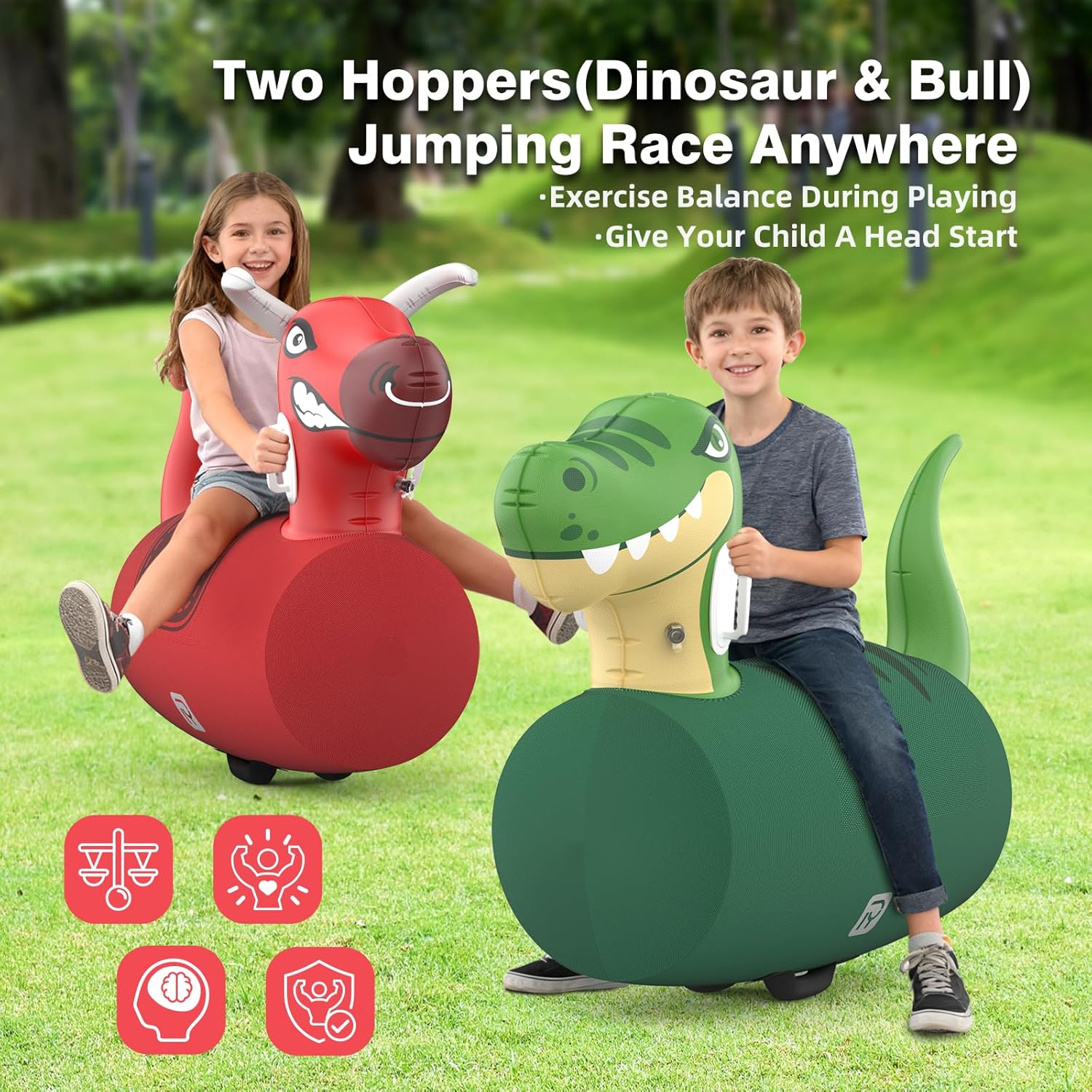 POVYRE Kids Boys Outdoor Toys, 2 PCS Giant Inflatable Dinosaur Bull Toys Bouncy Hopper with Pump, Ride-on Jumping Animal for Indoor Outdoor Play, 220 lbs Capacity, Gift for Ages 5+ - Image 3