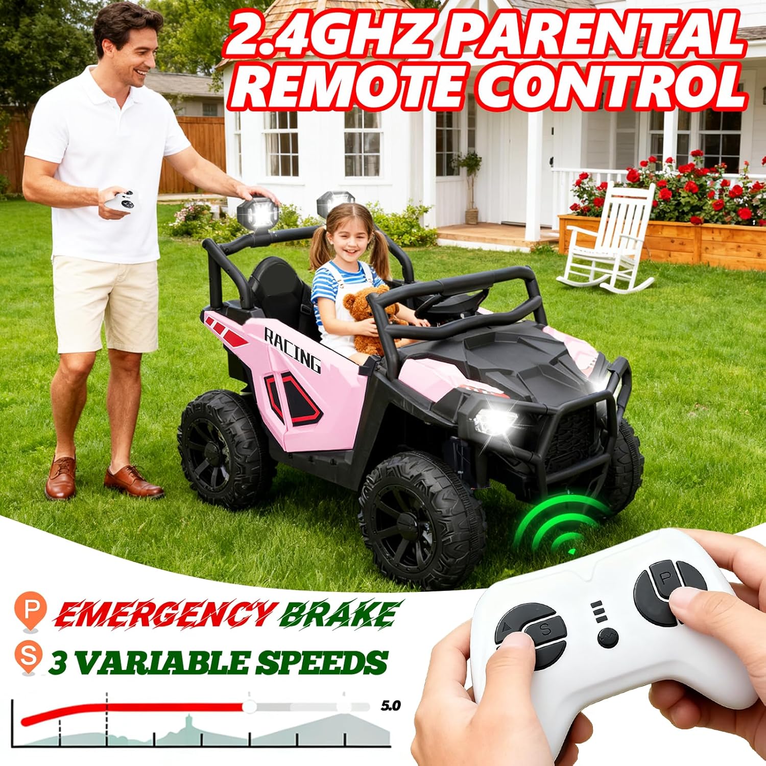 24V XL 2 Seater Ride on Car Truck, BLISSRIDE 4x200W Kids UTV w/20 Spacious Seat, 4WD/2WD, 7Ah Large Battery, Remote Control, Bluetooth, LED Lights, 24V Ride on Toys for Big Kids Boys Girls, Pink - Image 3