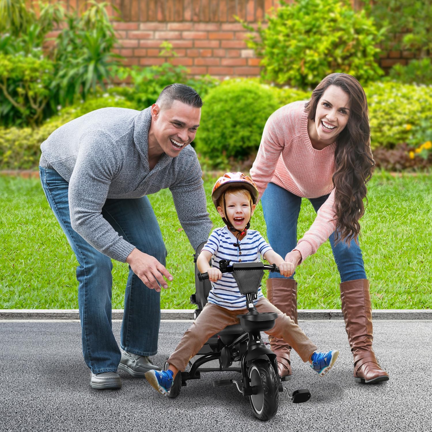 TODEFULL Folding Kids Tricycle, 8 in 1 Toddler Trike W/Removable & Adjustable Canopy, Parent Handle, 5-Piont Harness, Toddler Bike Tricycle for Kids 1-6 Years, EVA Wheels, Storage Basket, Grey - Image 7