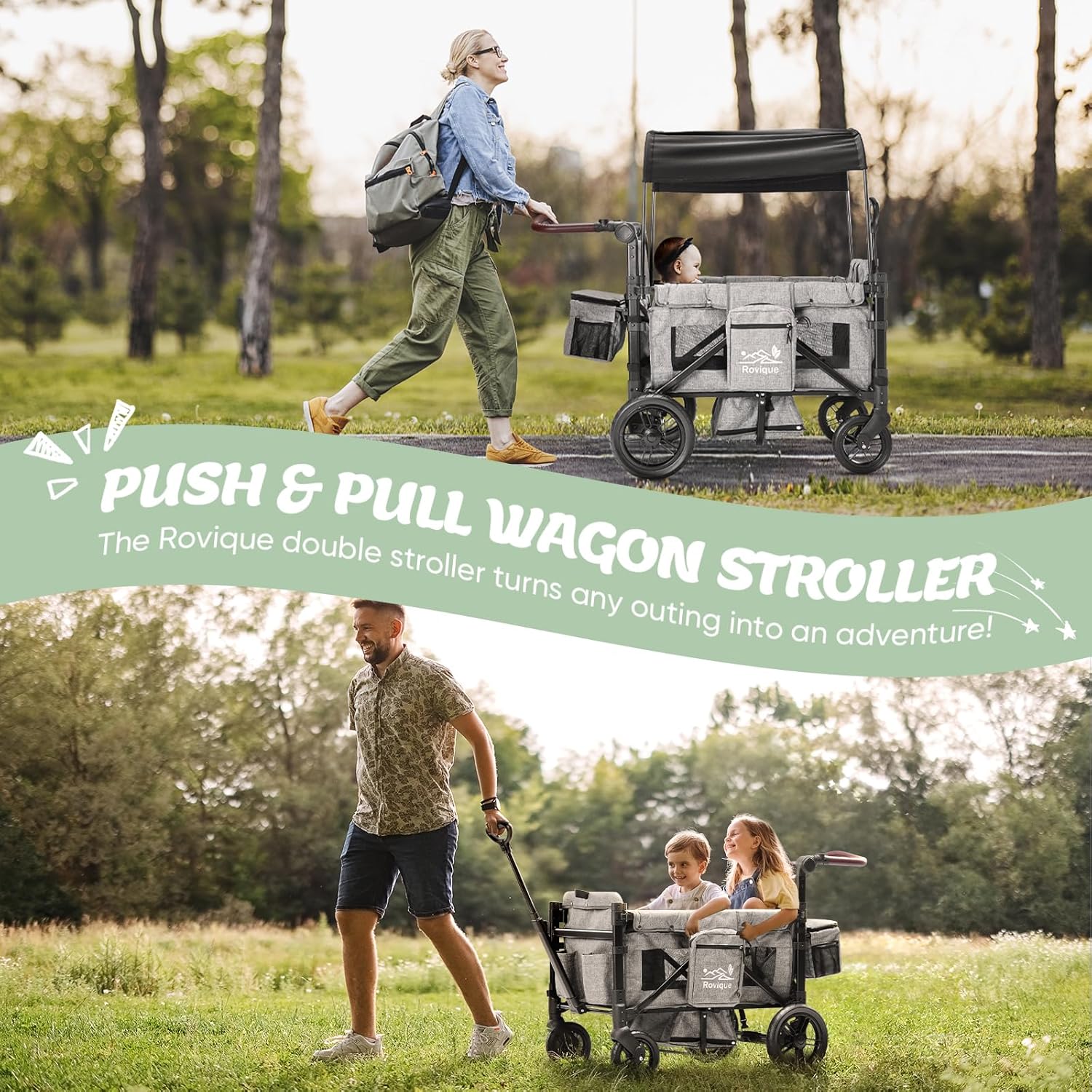 Rovique Wagon Stroller for 2 Kids,Premium Wagon for Kids with Removable Canopy, Snack Tray, Convertible Baby Bassinet, 5-Point Safety Harness, All-Terrain PU Wheels & Adjustable Push/Pull Handle,Grey - Image 4