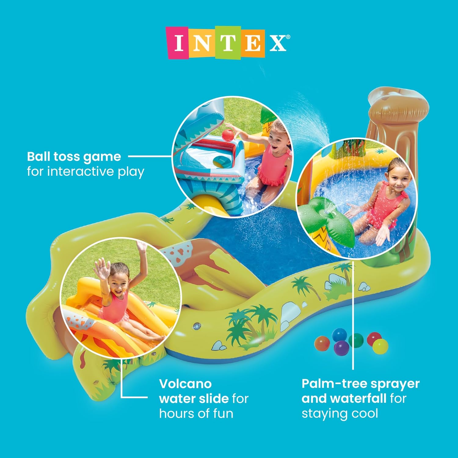 Intex Inflatable Dinosaur Play Center Outdoor Playhouse Inflatable Water Park with Kid Pool Slide, Water Sprayer, Waterfall, and 6 Balls, Multicolor - Image 3