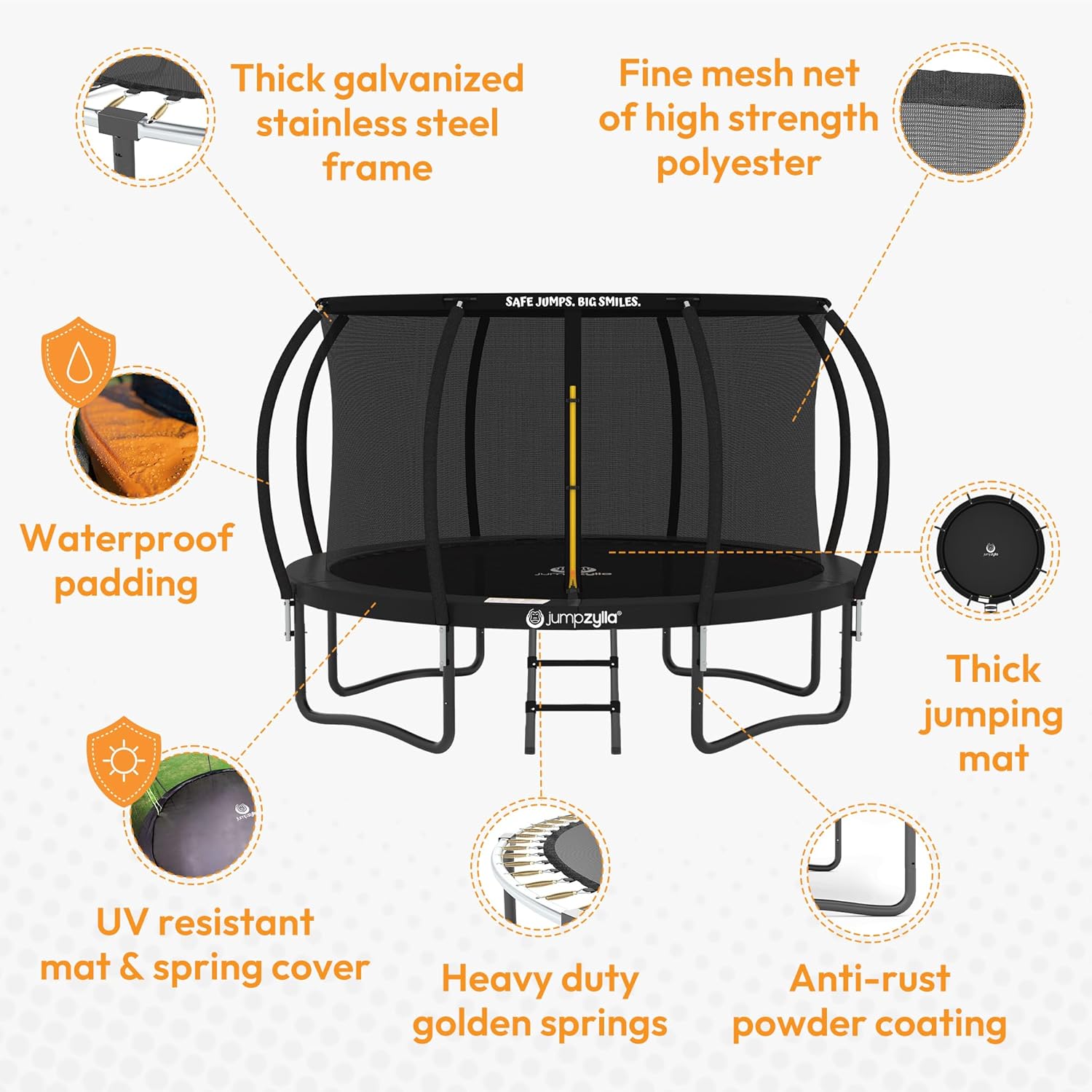JUMPZYLLA Trampoline Outdoor 8FT 10FT 12FT 14FT 15FT 16FT with Enclosure, Non-Slip Ladder & Anti-Rust Coated Frame, ASTM Approved Recreational Backyard Large Trampoline with Net for Kids & Adults - Image 3
