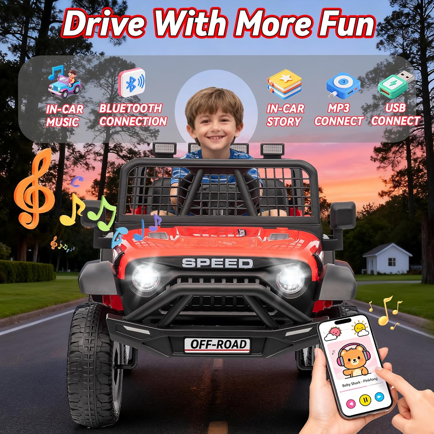 24V Jeep Power Wheels w/Remote Control, 4WD Ride on Truck Car, 3 Speed, Bluetooth Music, Wide Seat, Spring Suspension, LED Light, Birthday for Boys Girls Toddler (Black+Red) - Image 6