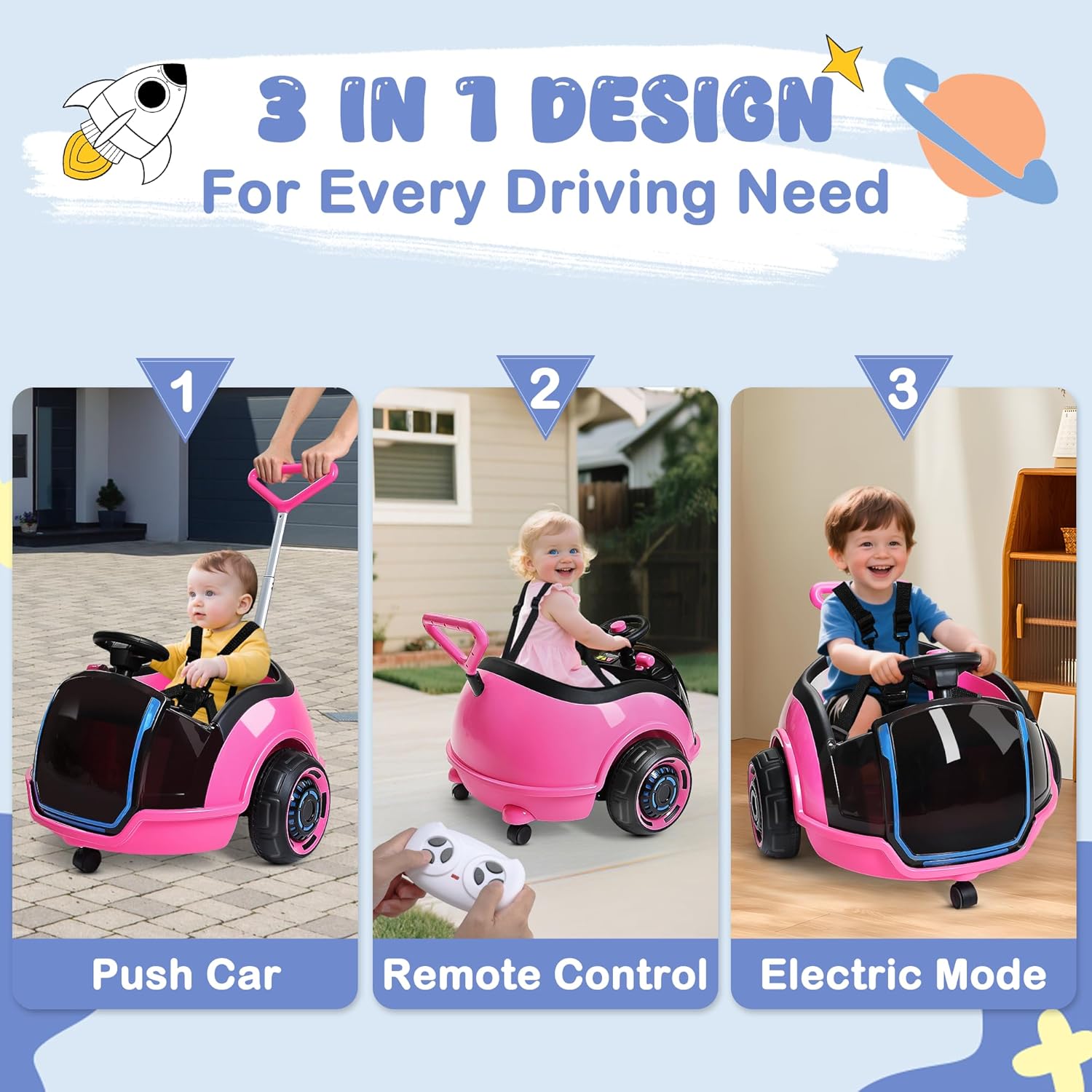 ANPABO 3-in-1 Electric Push Ride On Car, 12V Kids Ride On Toy w/Remote Control, 360° Spin, 5-Point Safety Belt, Colorful LED Light, Music Player, Push Car for Toddler Ages 1-3 (Pink) - Image 2