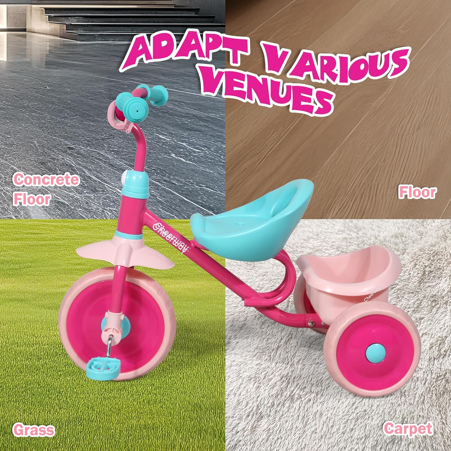 CHEERWAY Tricycle for 3-5 Year Olds, Toddler Trike, Outdoor and Indoor Riding Toy, Low-Height Seat Design, EVA Wheels, Kids Trike with Safety Cloth Sleeve, Gift for Boys and Girls (Pink) - Image 6