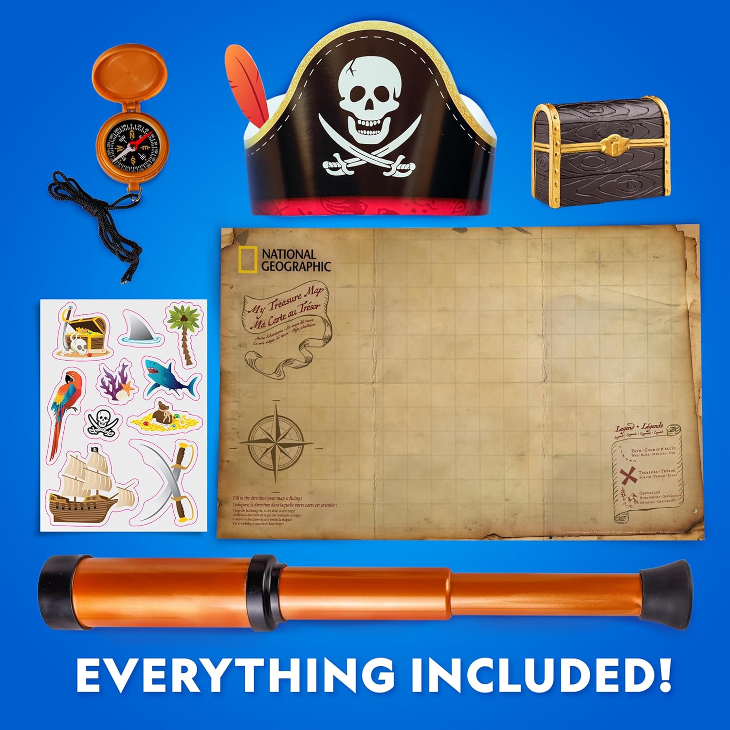 National Geographic Pirate Adventure Activity Kit – Dig for Treasure, Make a Pirate Hat & Map, Includes Spyglass, Compass, Replica Doubloon & Pyrite, STEM Toys, Telescope for Kids - Image 7