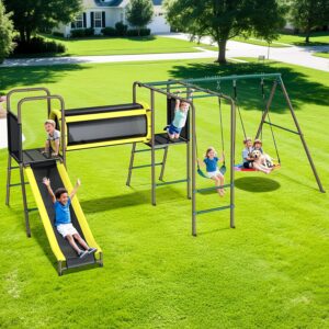 Hapfan 660lbs Swing Set with Slide,Crawl Tunnel and Monkey Bars for Backyard,5 in 1 Metal Swingset Outdoor for Kids Aged 3-12 (Patent Pending)