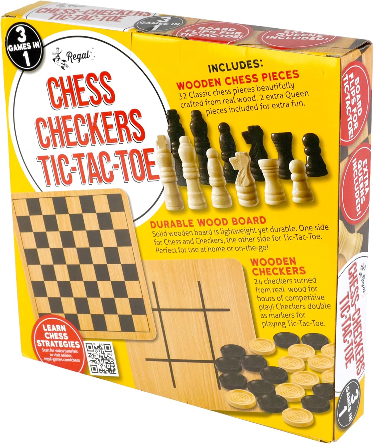 Regal Games - Reversible Wooden Board for Chess, Checkers & Tic-Tac-Toe - 24 Interlocking Wooden Checkers and 32 Standard Chess Pieces - for Age 8 to Adult for Family Fun - Image 8
