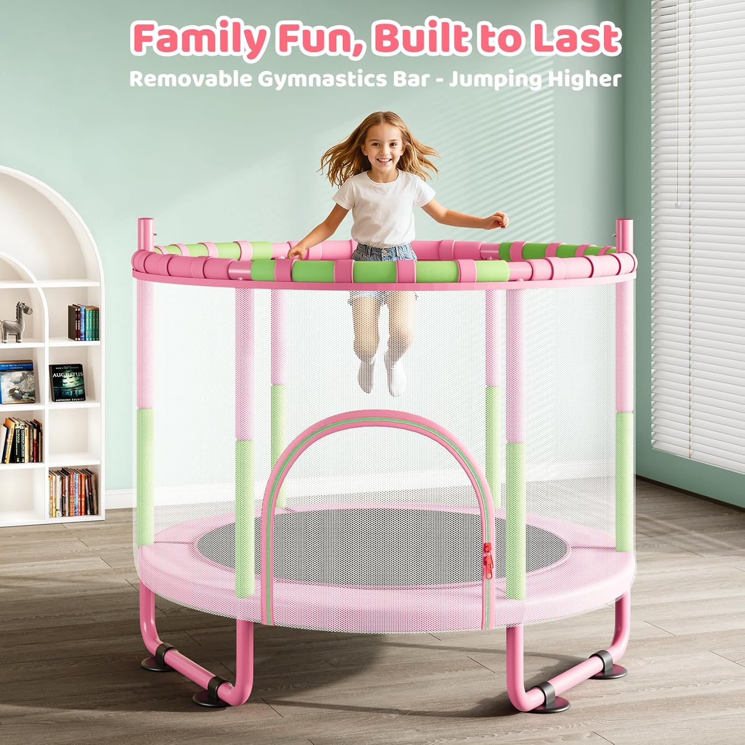 Yohood 55" Trampoline for Kids with Enclosure, 6-in-1 Toddler Trampoline Indoor Outdoor, Upgrade Full Anti-Rust Tube with Adjustable Gymnastics Bars for Boys Girls Ages 3-10 - Image 8
