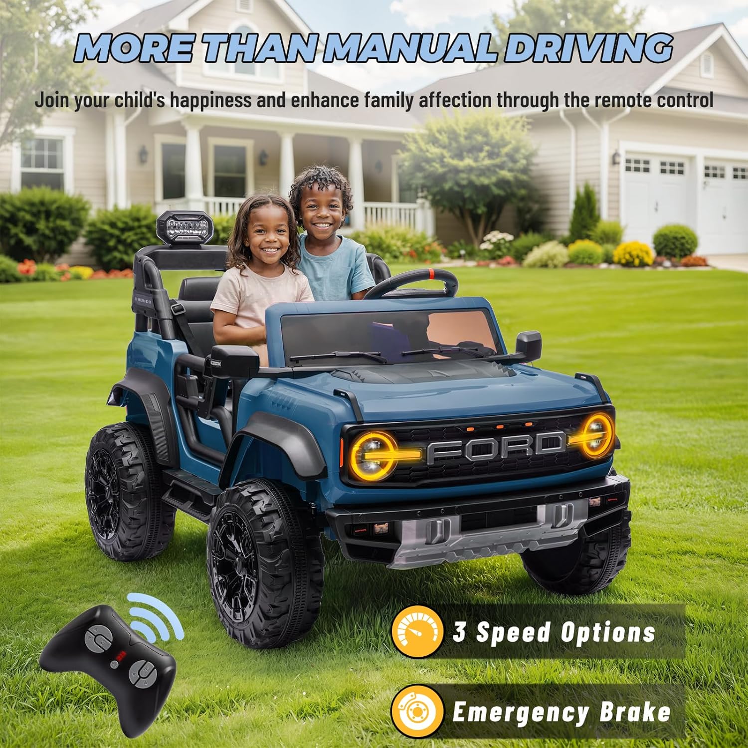 ENYOPRO 2 Seater Ride On Car for Kids, 24V Licensed Ford Bronco Raptor Electric Power Ride On Truck Toy with Remote Control, 4 Wheels Shock Absorption, Soft Start, Bluetooth, Radio, 3 Speed - Blue - Image 3