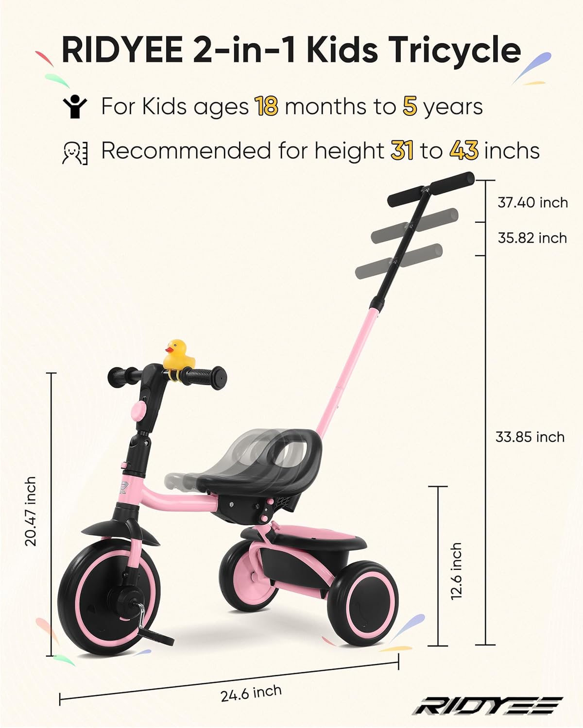 RIDYEE Tricycle for Toddlers 18 Months to 5 Years with Removable Push Handle, Tricycles for 3-5 Year Olds Ideal for On-The-Go Families, Adjustable Carry-Friendly Seat, Pink - Image 6