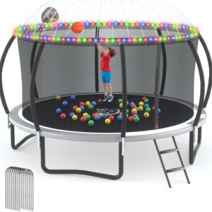 Outdoor Trampoline Recreational Trampolines with Anti-Rust Coating, Enclosure Net, Light+Sprinkler, Ladder, Wind Stakes, Basketball Hoop, ASTM Approved Trampoline for 6-10 Kids/Adults