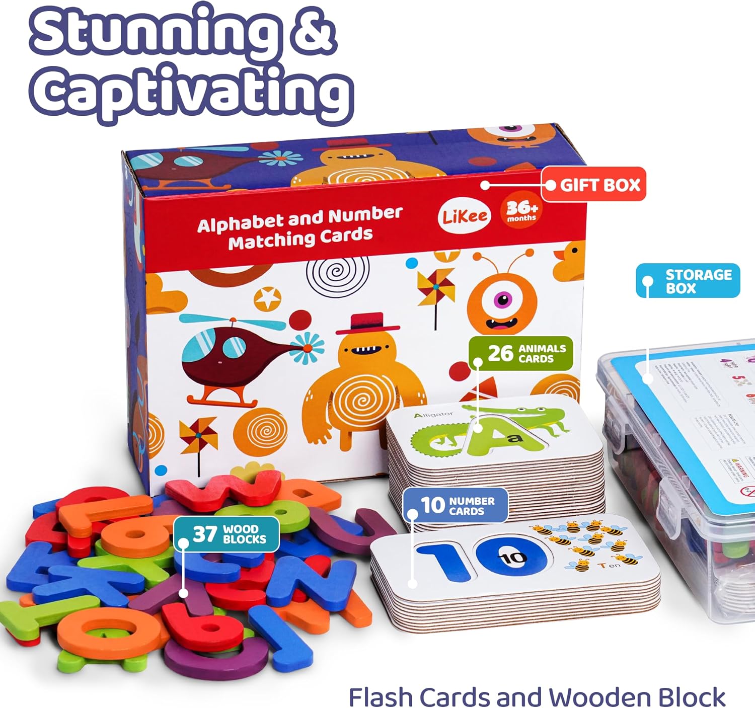 LiKee Alphabet Flash Cards Wooden Letter Puzzle ABC Sight Words Matching Games Counting Board Preschool Educational Montessori Toys for Toddlers Boys Girls 3+ Years (36 Cards& 37 Wood Pieces) - Image 2
