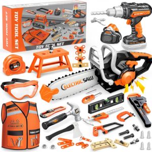 Kids Tool Set Toys, 56 Pcs Toddler Tool Set with Toy Chainsaw & Electronic Drill,Vest, Pretend Play Kids Construction Tools Toy for Toddler 3-5 Years Old Christmas Birthday Gifts