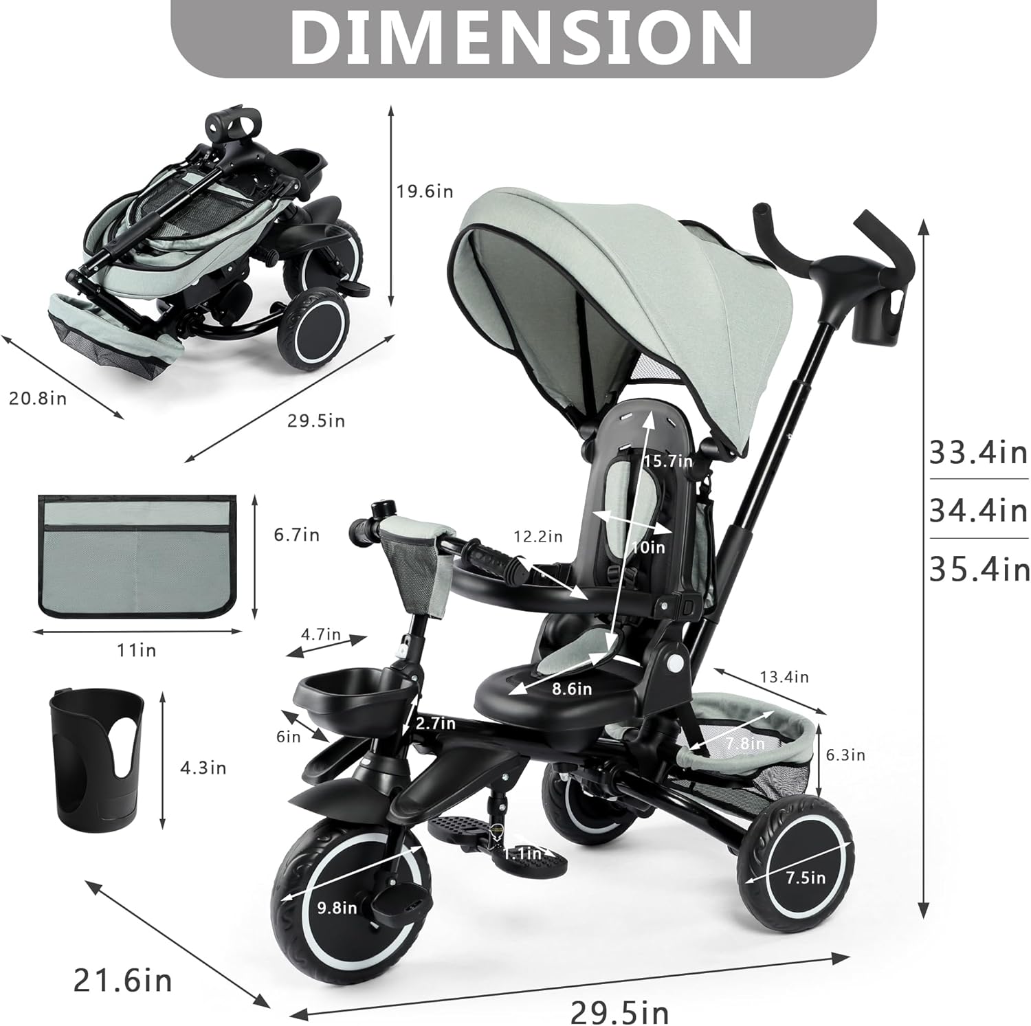 Kinder King Kids Tricycle, 8 in 1 Folding Toddler Trike w/Adjustable Push Handle, Rotatable Seat, Adjustable Canopy, Bell, Five-Point Harness, Storage, Toddler Bike for Age 1-5, Green - Image 7