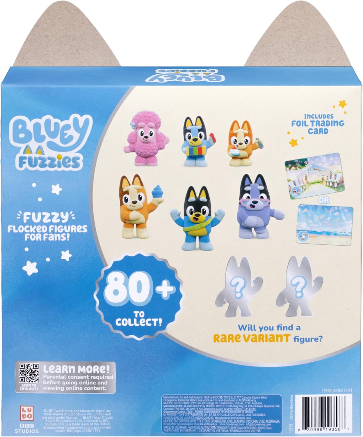 Bluey Fuzzies Deluxe Figure Pack. Eight Figures : 6 Specially Flocked Collectible Mini-Figures + 2 Surprise Figures (Blind Pack), Trading Card, and Collector's Guide. 80 to Collect in Series 1! - Image 4