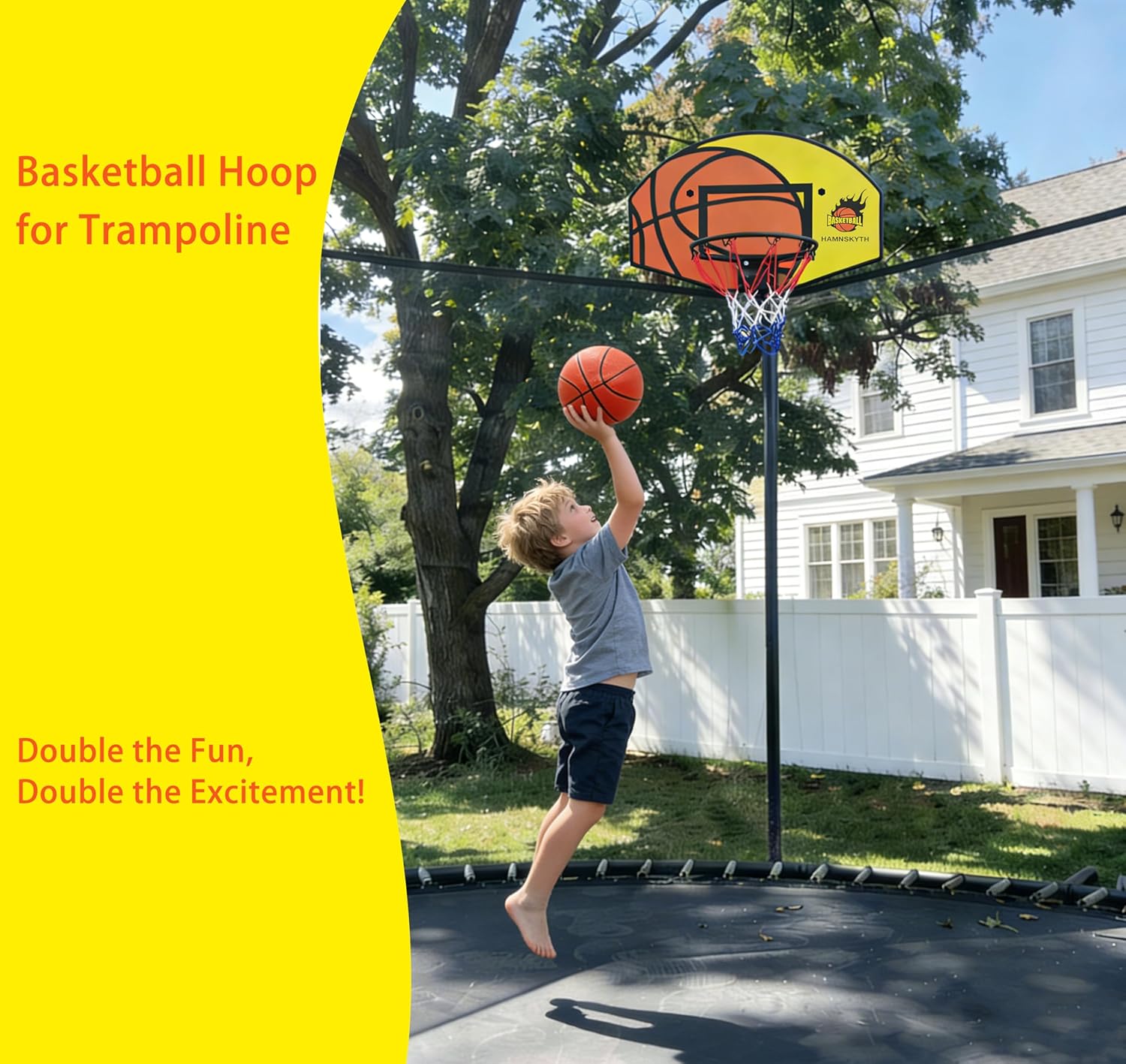 Trampoline Basketball Hoop, Fits Most Straight & Curved Poles, with Stainless Steel Angle-Adjustable Mounting Base, Includes Mini Basketball & Pump - Image 2