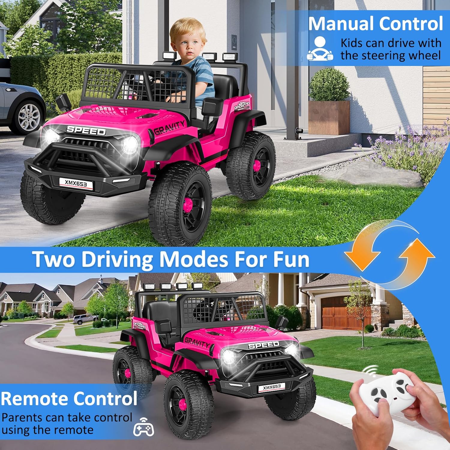 Hikole 24V Ride On Toys for Big Kids, 24V Power Wheels Truck with Remote Control, 3 Speed, Bluetooth, Music, Soft Start, Spring Suspension, LED Light, Electric Cars for Kids Boys Girls 3-5, Pink - Image 4