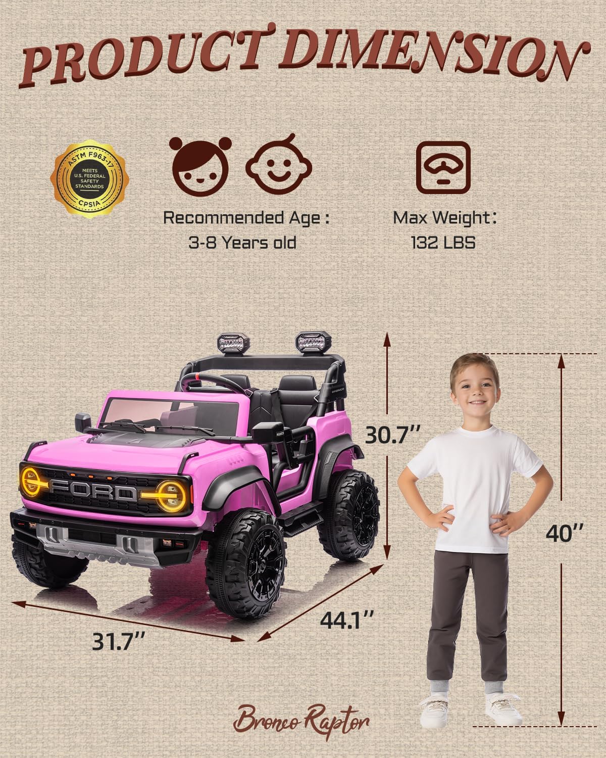 First Ride On 24V Ride on Toys for Big Kids, Licensed Ford Bronco Raptor 2 Seater Ride on Cars with Remote Control, Ride on Truck w/ 4-Wheeler Suspension, 3 Speeds, Led Lights, Bluetooth (24V, Pink) | First Ride On, 24V, for Big Kids, 2 Seater, with Remote Control - Image 2