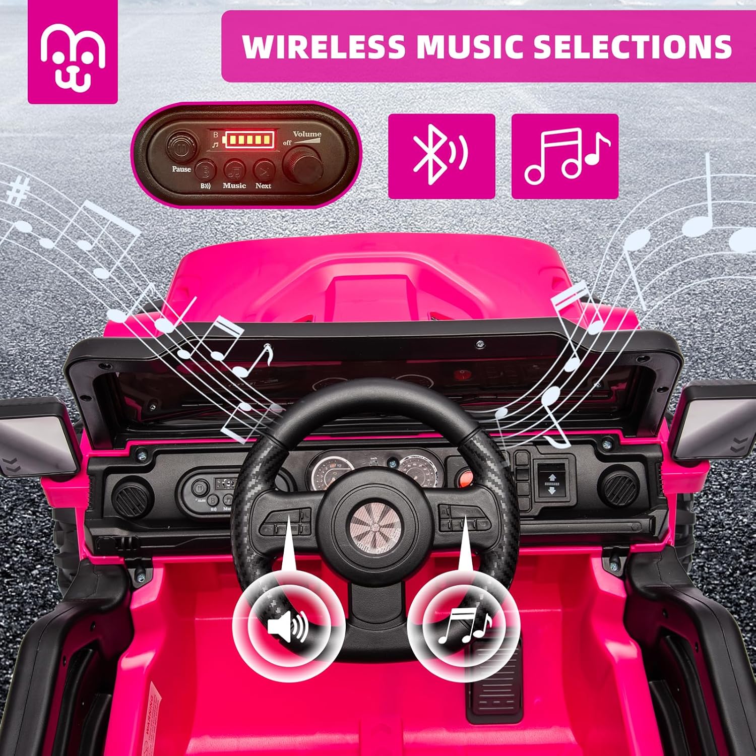 MINIATURE MOTORS 12V Kids Electric Ride on Truck Car Remote Control, Twin 35W Motors 3.5MPH Max Speed, Bluetooth Music Player, 4 Wheels Suspension LED Lights Safety Belt, Gift for Boys Girls-Hot Pink - Image 4