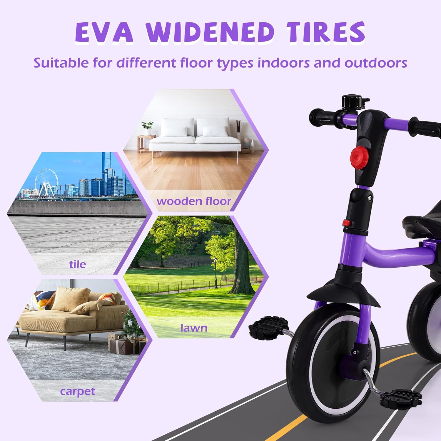 Toddler Tricycle, Kids Tricycle with Bell, Foldable Kids Trike for Age 18 Months to 5 Years, Baby Trike with Adjustable Seat, Gift for Boys and Girls, Purple - Image 6