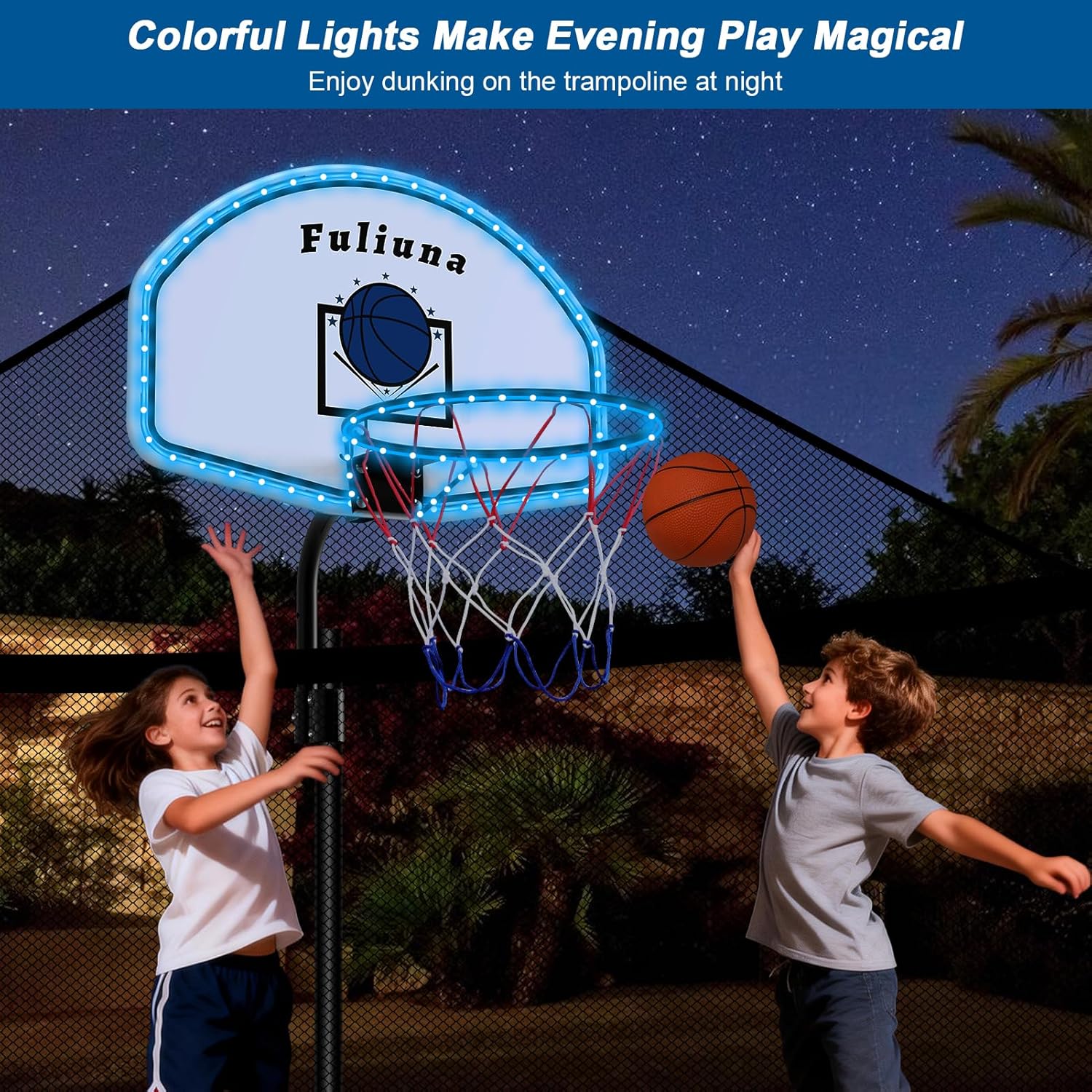 Trampoline Basketball Hoop with Solar Lights, Basketball Hoop for Trampoline Fits Diameter 25mm - 32mm Straight & Curved Pole,Universal Trampoline Basketball Hoop Attachment with Ball and Pump - Image 7