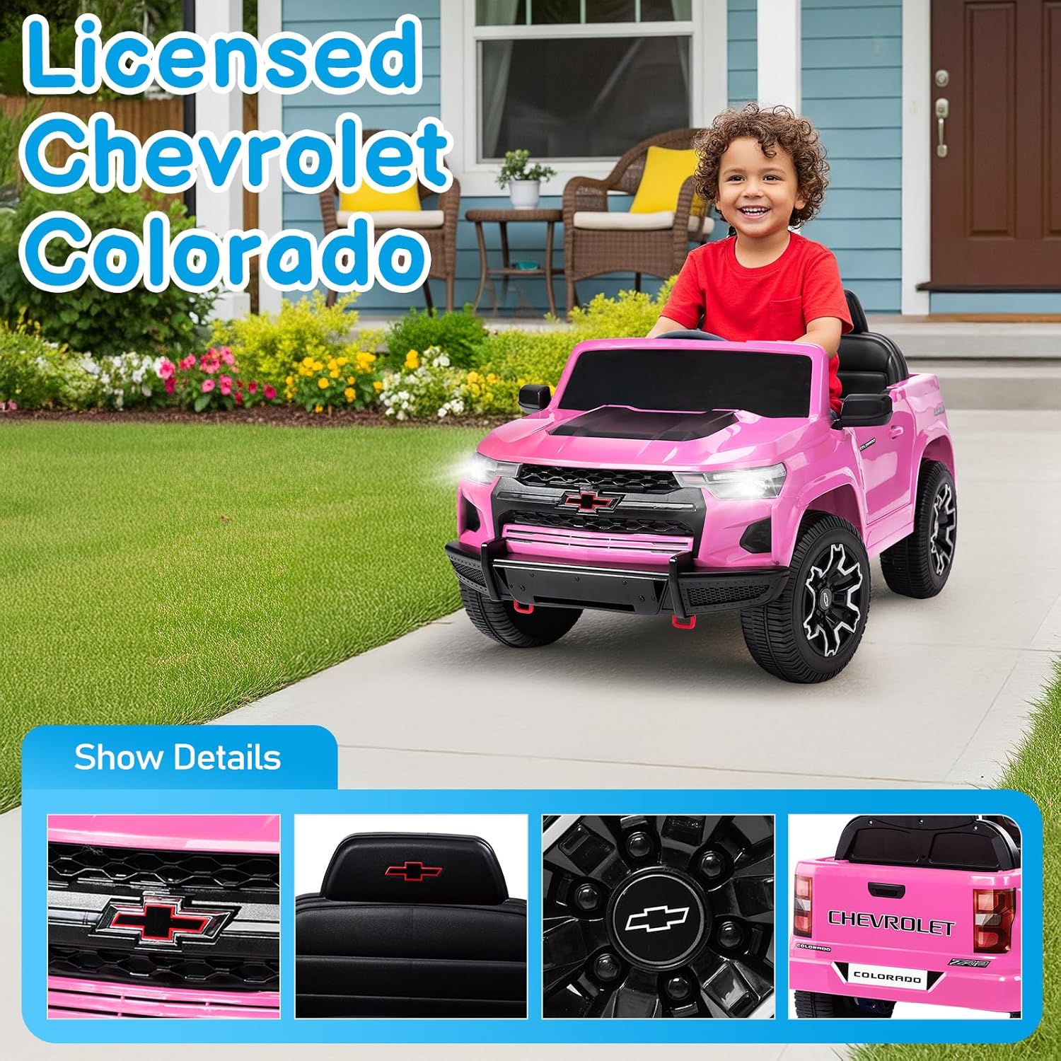 Winado Licensed Chevrolet Colorado Electric Car for Kids, 12V Ride on Toys for Toddlers with Remote Control, Battery Powered Electric Car Ride On Vehicle w/Bluetooth, Soft Start, LED Lights - Pink - Image 3