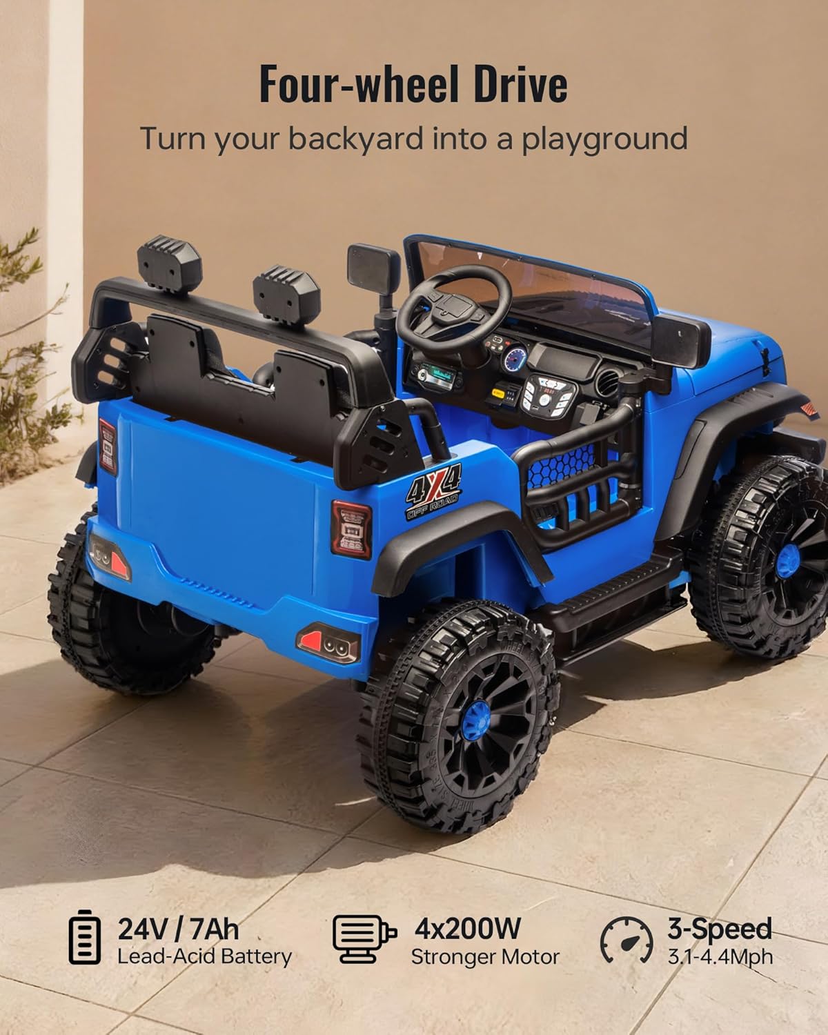 Outfunny 2 Seater Ride on Car Toy, 24V 4WD Electric Car for Kids 4-8 with Remote Control, 4x200W Motors, Capacity 150 lb - Blue - Image 3