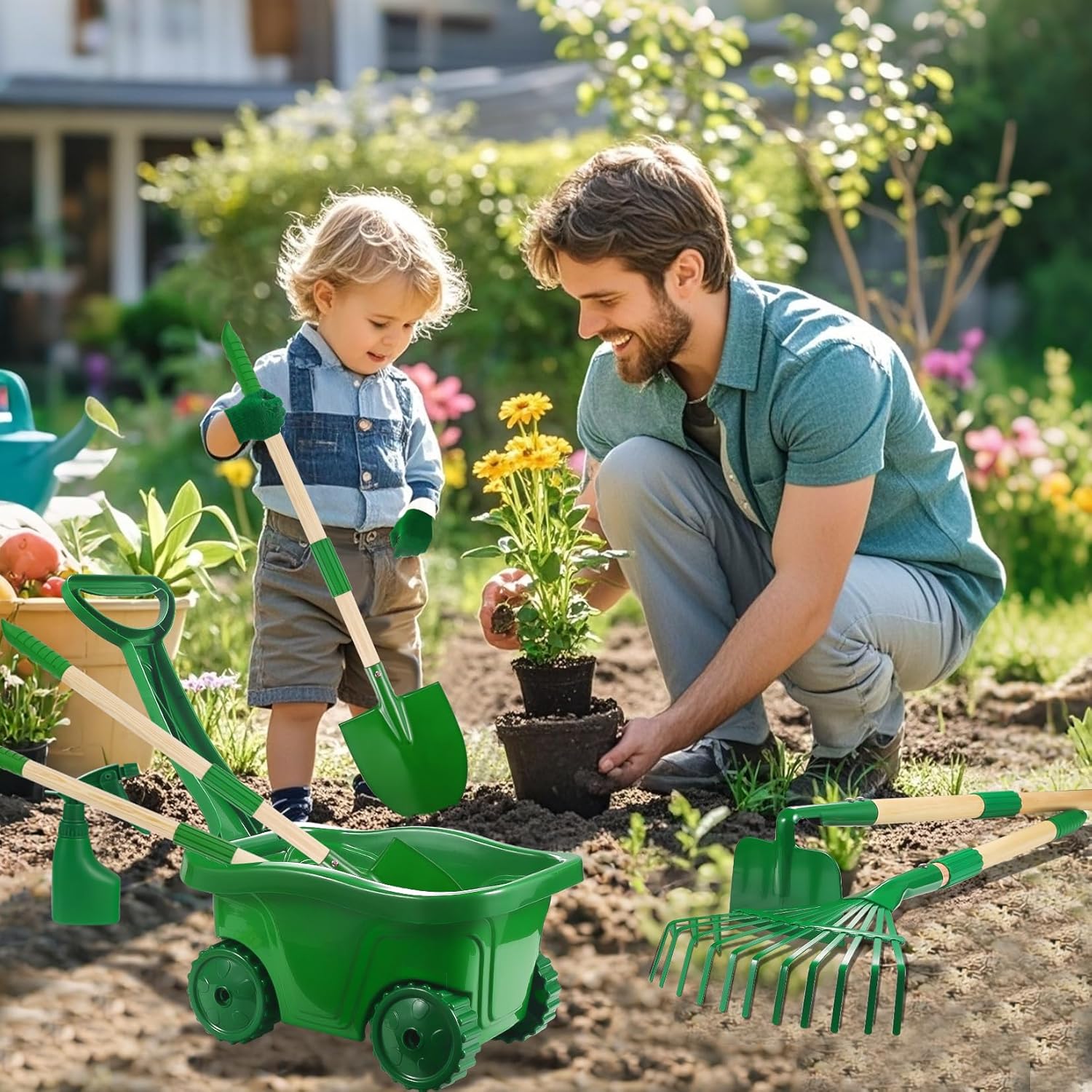 Duckura Kids Gardening Tools Set - 7pcs Wheelbarrow Set for Kids with Shovel, Rake, Leaf Rake, Summer Outdoor Yard Digging Weed Birthday Gifts Toys, Easter for Boys Girls Age 2 3+ Years(Green) - Image 2