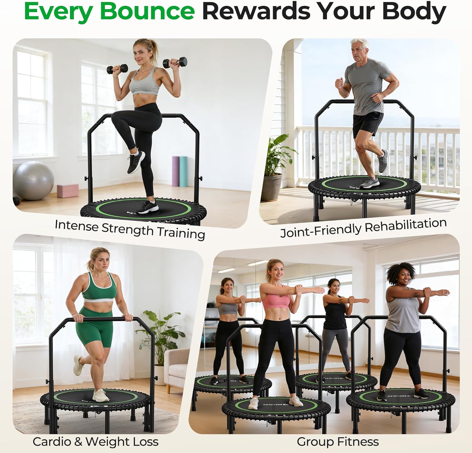 BCAN BT2 450/550LBS Mini Rebounder Trampoline for Adults with Bar, Fitness Trampoline with Bungees, Adjustable Handle, Stable & Quiet, Indoor Outdoor, Whole-Body Workout & Relaxation at Home-40IN/48IN - Image 6