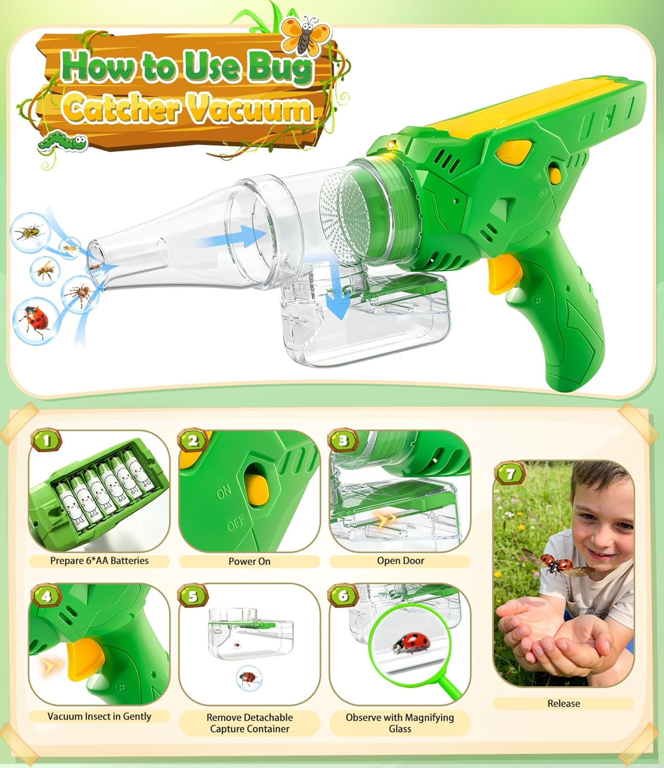 Bug Catcher for Kids 3-12, Bug Vacuum Bugs Catching Release Kit, Magnifying Glass Bug Collector Butterfly Net Bugs Grabber Insect Catcher Tweezers, Boys Outside Explorer Toys Birthday Gift - Image 7