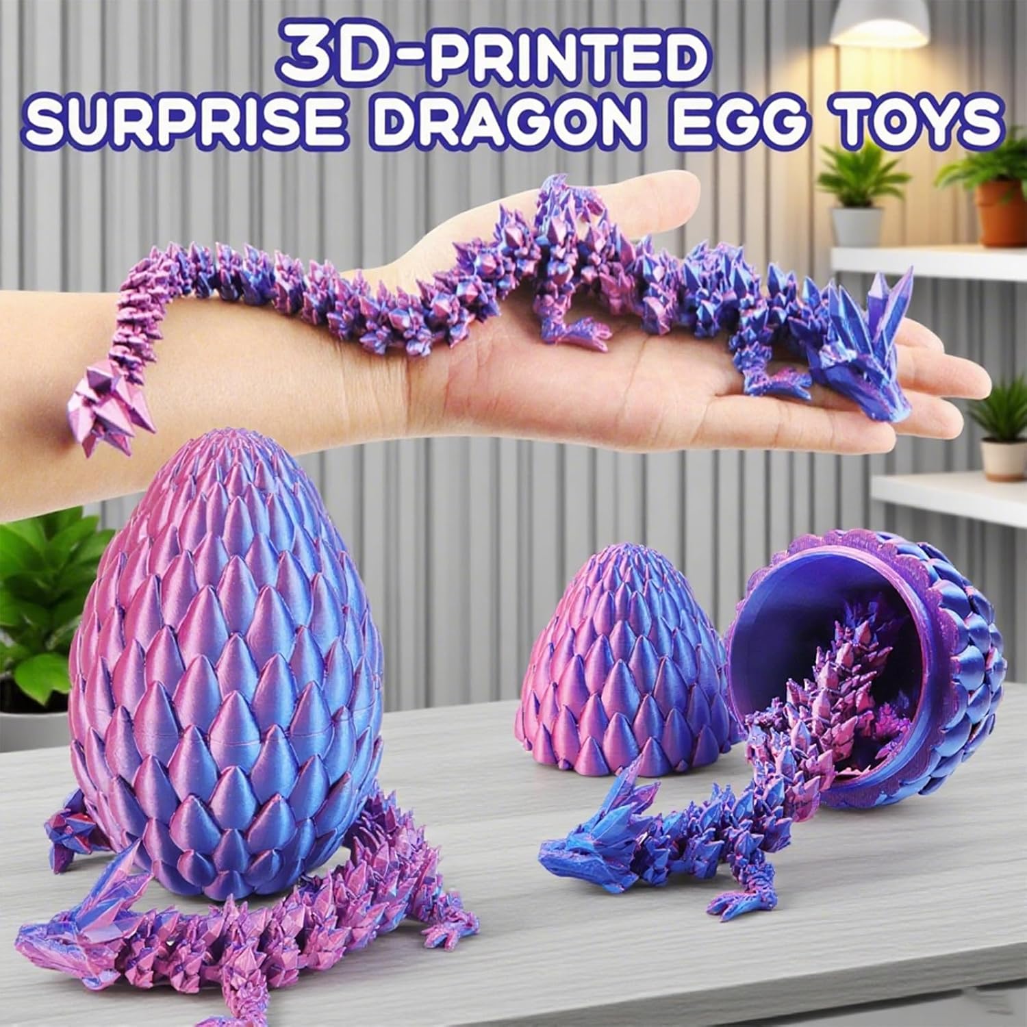 Qxbuhe 12inch 3D Printed Dragon Egg,Mystery Crystal Dragon Fidget Toys,Articulated Dragon,Home Desk Decor Easter Surprise Dinosaur Eggs,Adults Fidget Toys for Autism/ADHD (Laser Purple) - Image 5