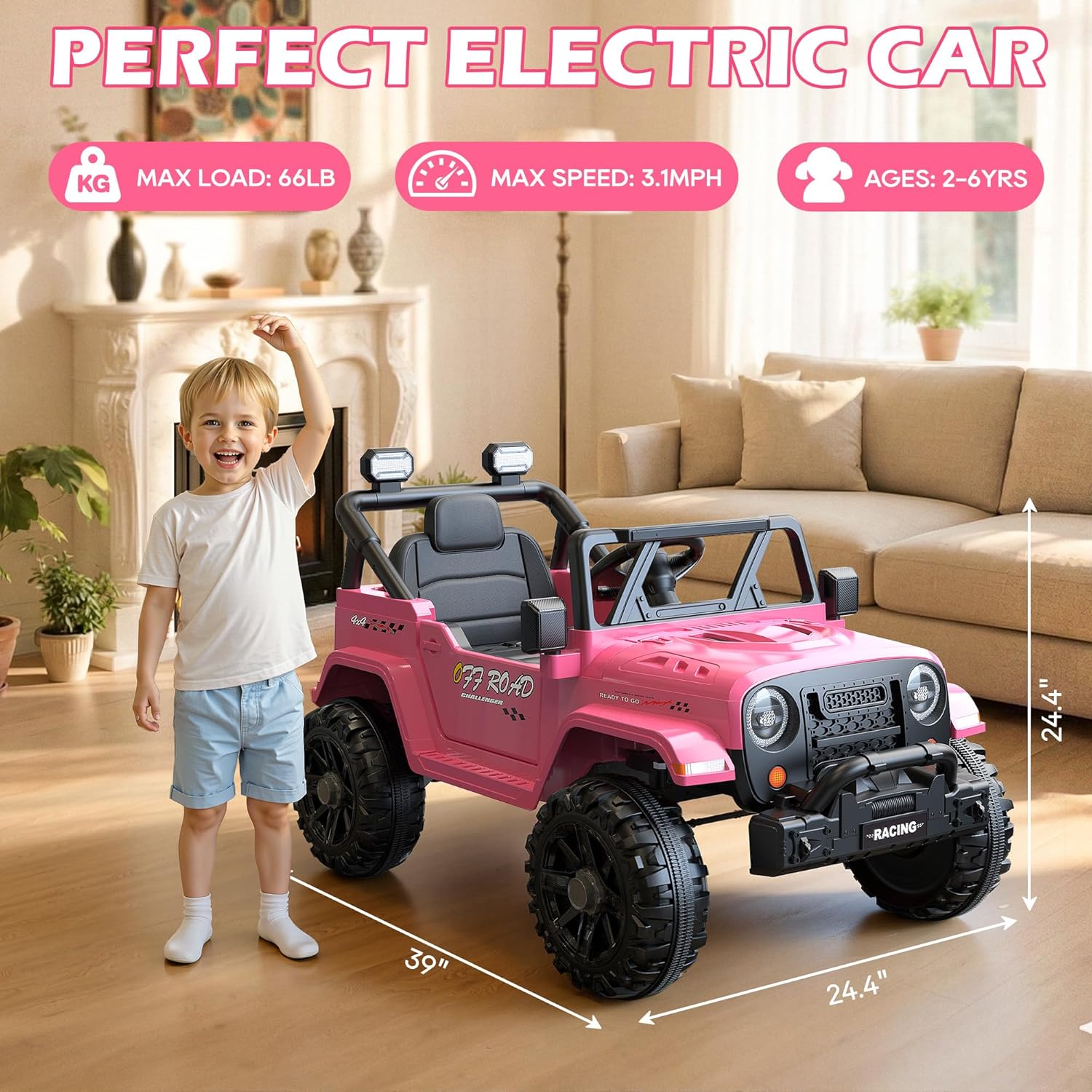 ARBELI 12V Ride On Truck Car with Remote Control, Kids Electric Vehicles with Bluetooth Music, Horn, 3 Speeds, 4 LED Lights, Soft Start, Ride on Toys for Toddler Boys & Girls, Pink - Image 5