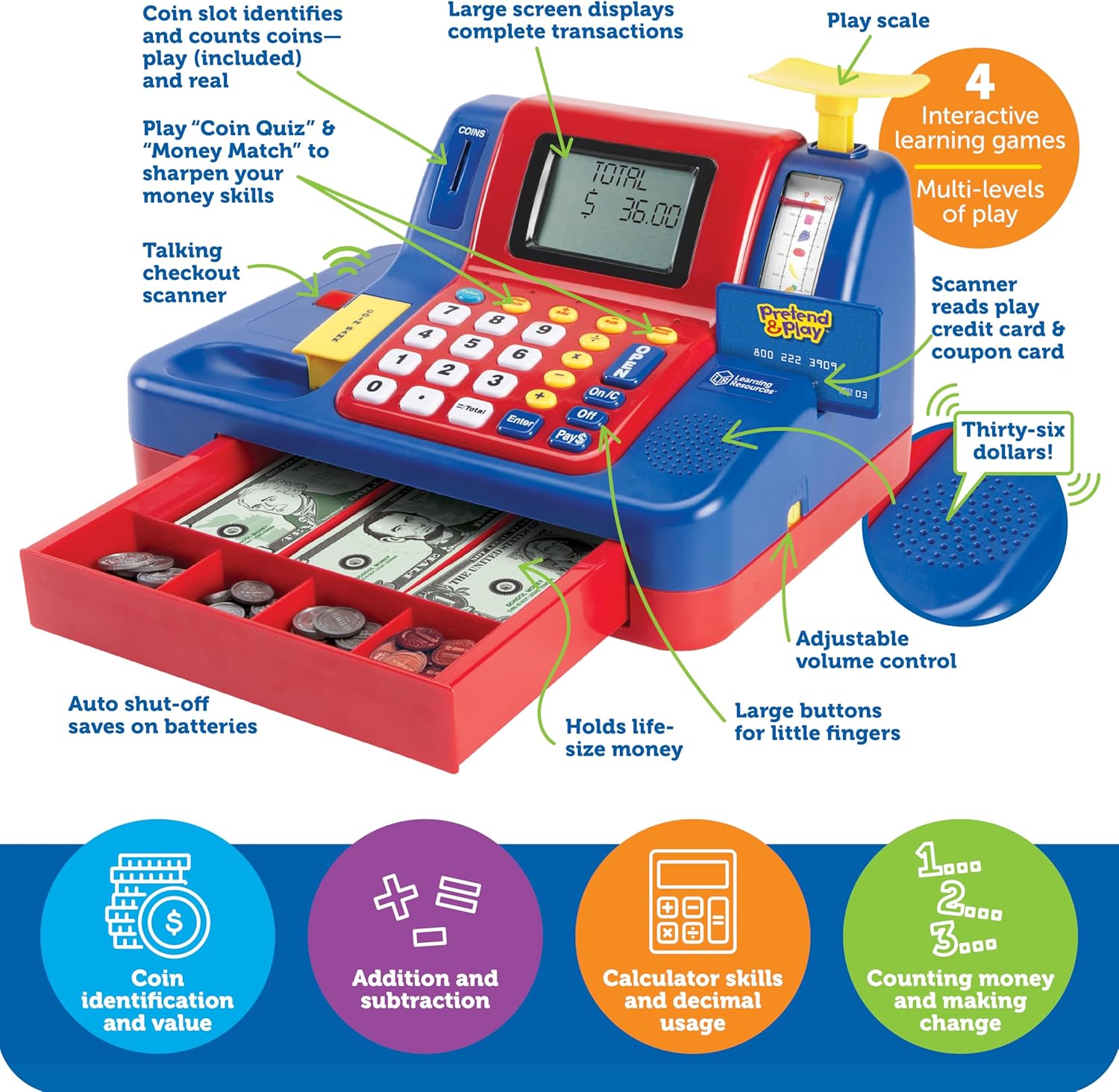 Learning Resources Pretend & Play Teaching Cash Register - Math Games, Shopping Grocery Store Playset, Fine Motor Skills, Gifts For Boys and Girls - Image 5