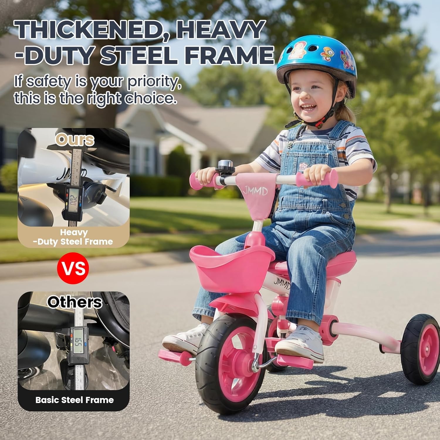 JMMD 8 in 1 Tricycle Stroller with Push Handle, Foldable Trike with 360° Swivel Seat, Reclining Backrest, All-Terrain Wheels, Dual Brakes, Canopy & Storage, Gift for Kids 18 Months to 5 Years, Pink - Image 4