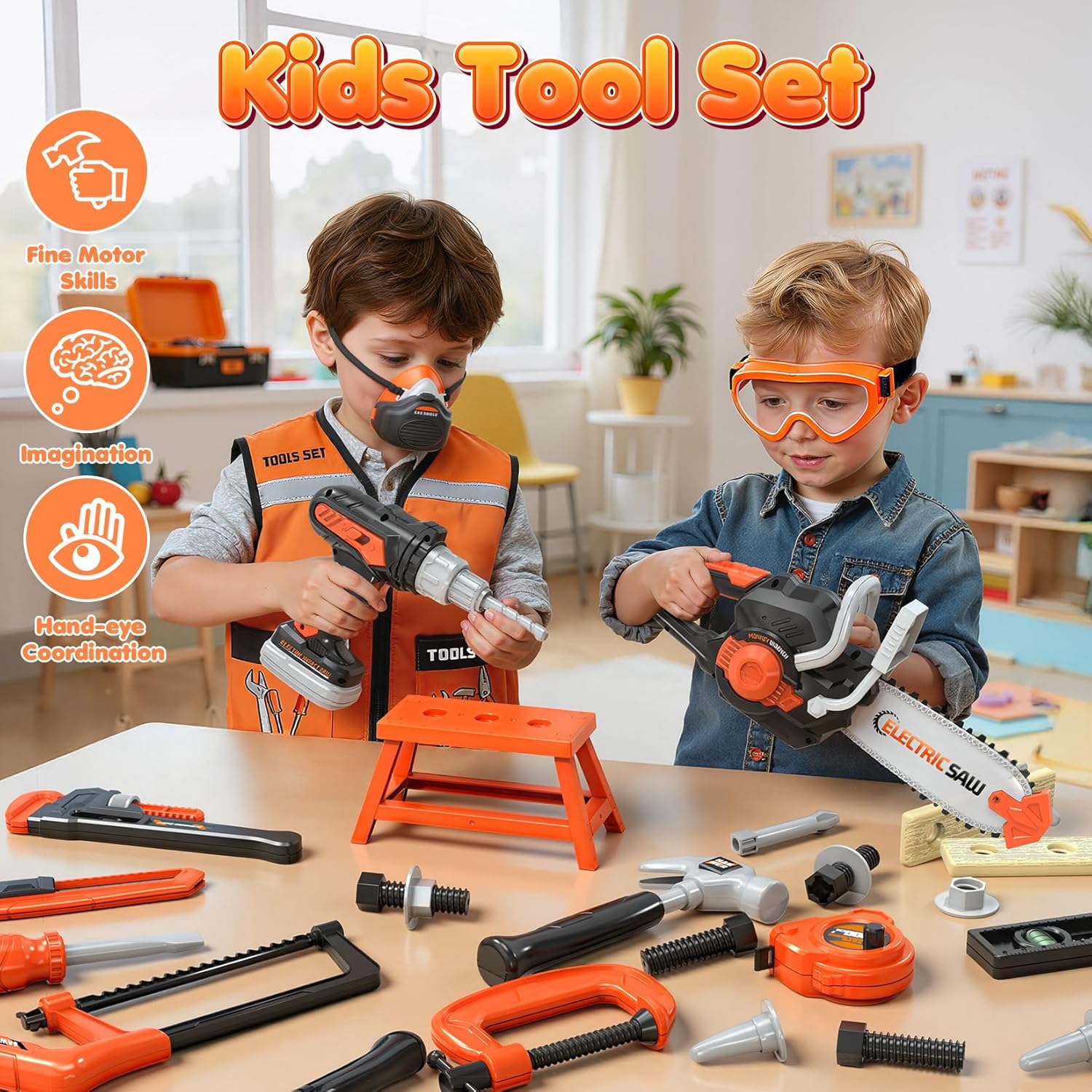 Kids Tool Set Toys, 56 Pcs Toddler Tool Set with Toy Chainsaw & Electronic Drill,Vest, Pretend Play Kids Construction Tools Toy for Toddler 3-5 Years Old Christmas Birthday Gifts - Image 3