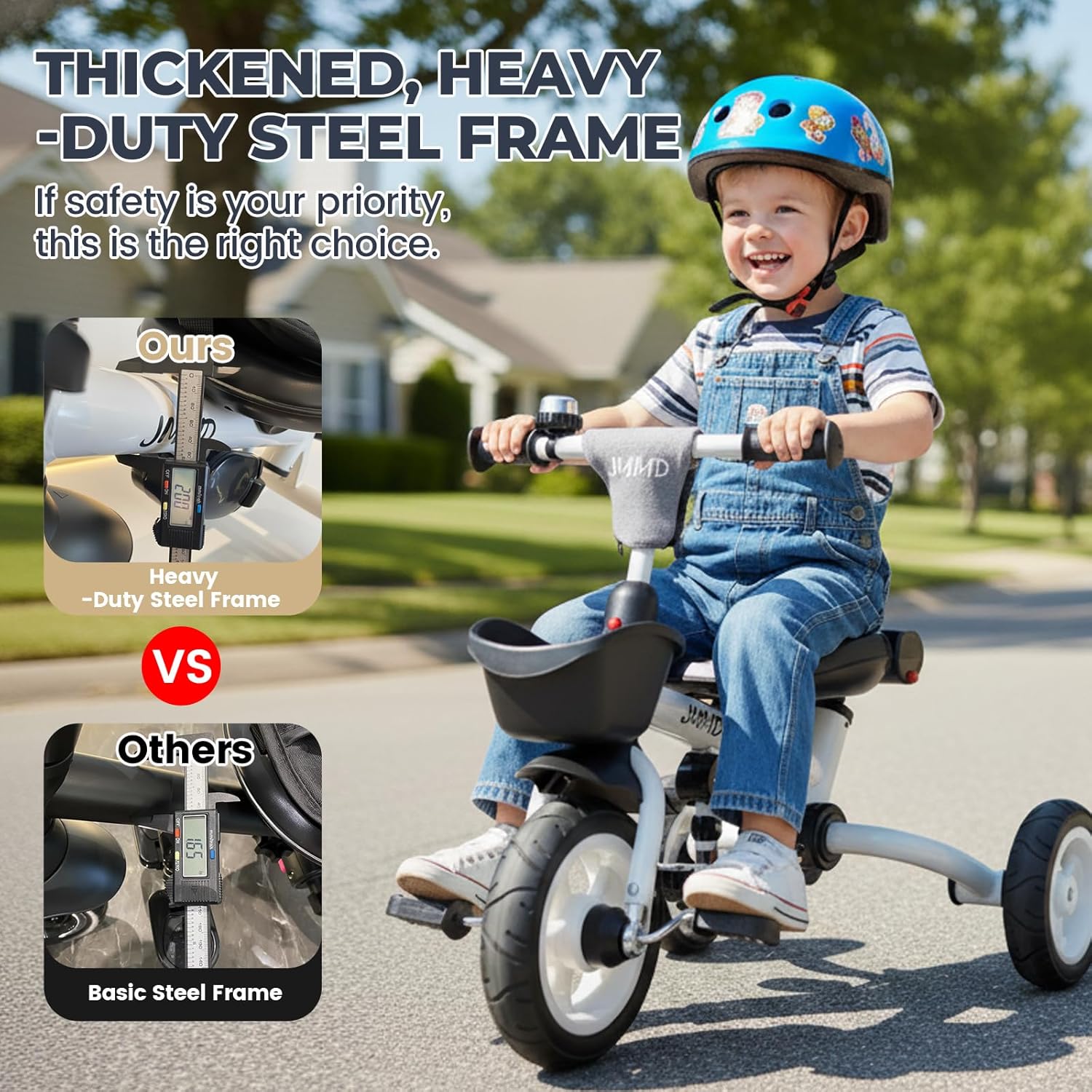 JMMD 8 in 1 Tricycle Stroller with Push Handle, Foldable Trike with 360° Swivel Seat, Reclining Backrest, All-Terrain Wheels, Dual Brakes, Canopy & Storage, Gift for Kids 18 Months to 5 Years, Gray - Image 4