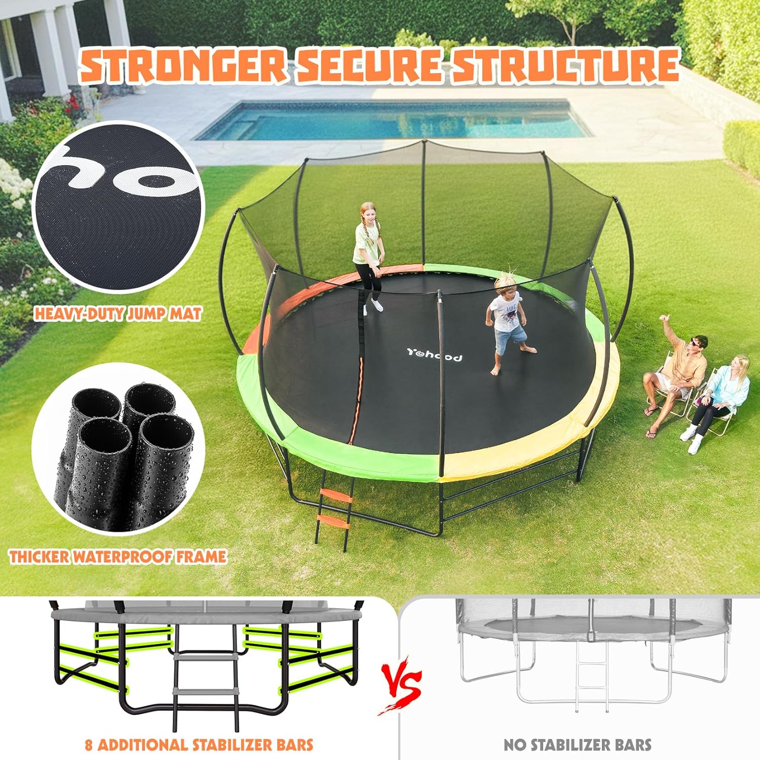 Yohood Trampoline Outdoor 12FT 14FT, Recreational Trampolines with Enclosure Net and Ladder, ASTM Approved for Kids and Adults, with Additional 8 Stabilizer Bars and Anti-Rust Coated Galvanized Frame - Image 2