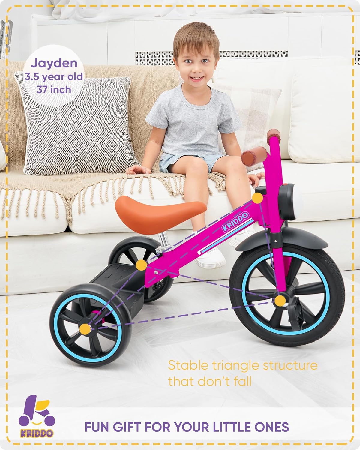 KRIDDO Kids Tricycle, 12 Inch Puncture Free Rubber Wheel w Front Light, Adjustable Seat Height, Gift for 2-5 Year Olds, Pink - Image 3