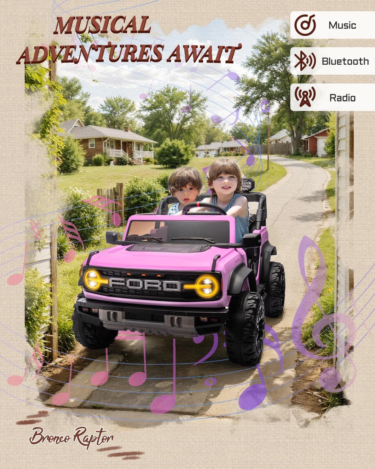 First Ride On 24V Ride on Toys for Big Kids, Licensed Ford Bronco Raptor 2 Seater Ride on Cars with Remote Control, Ride on Truck w/ 4-Wheeler Suspension, 3 Speeds, Led Lights, Bluetooth (24V, Pink) | First Ride On, 24V, for Big Kids, 2 Seater, with Remote Control - Image 6