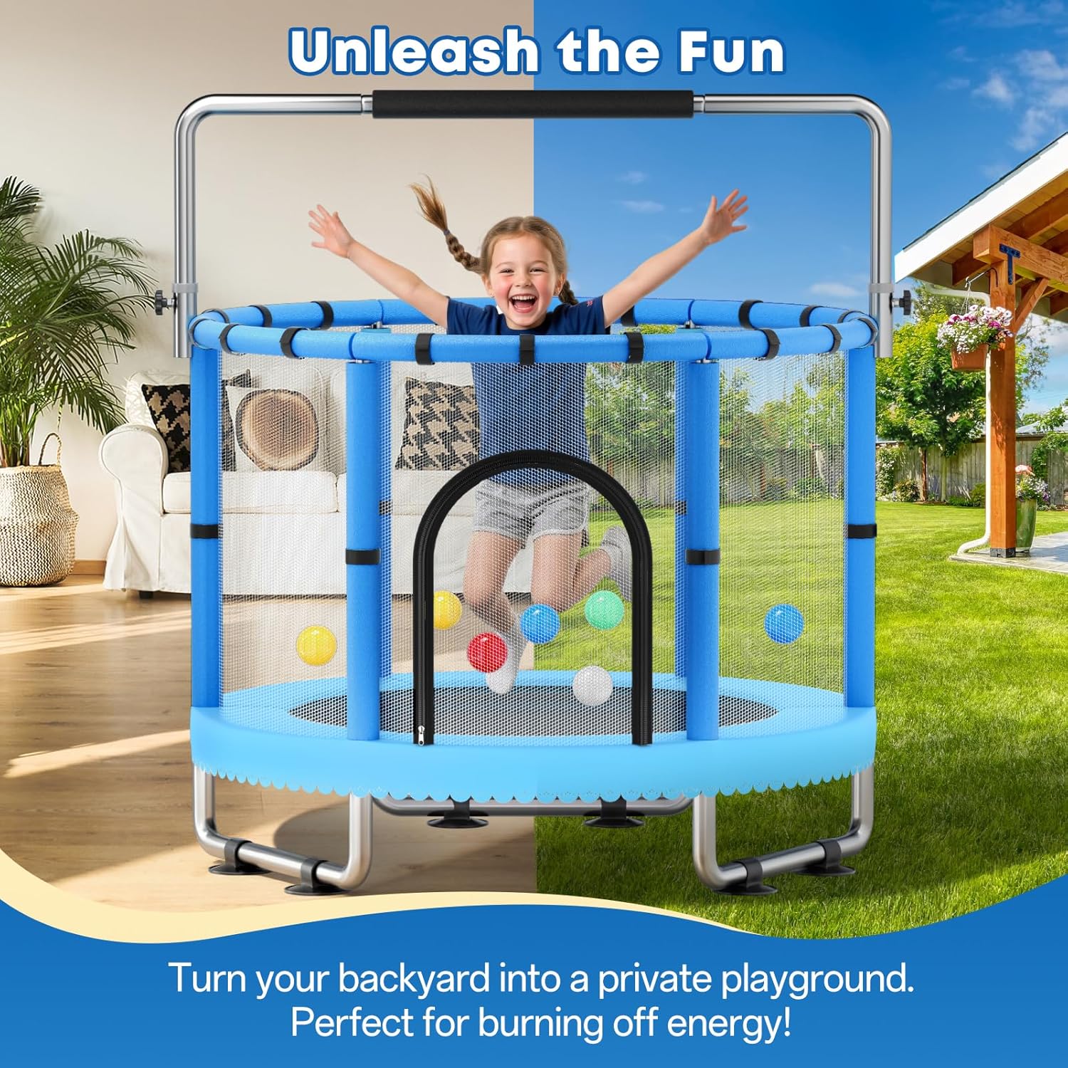 Toddler Trampoline for Kids, Trampoline with Net, Trampoline Indoor Outdoor playset with Adjustable Gymnastics Bar, 440lbs Kids Trampoline, Easy Assembly - Image 5
