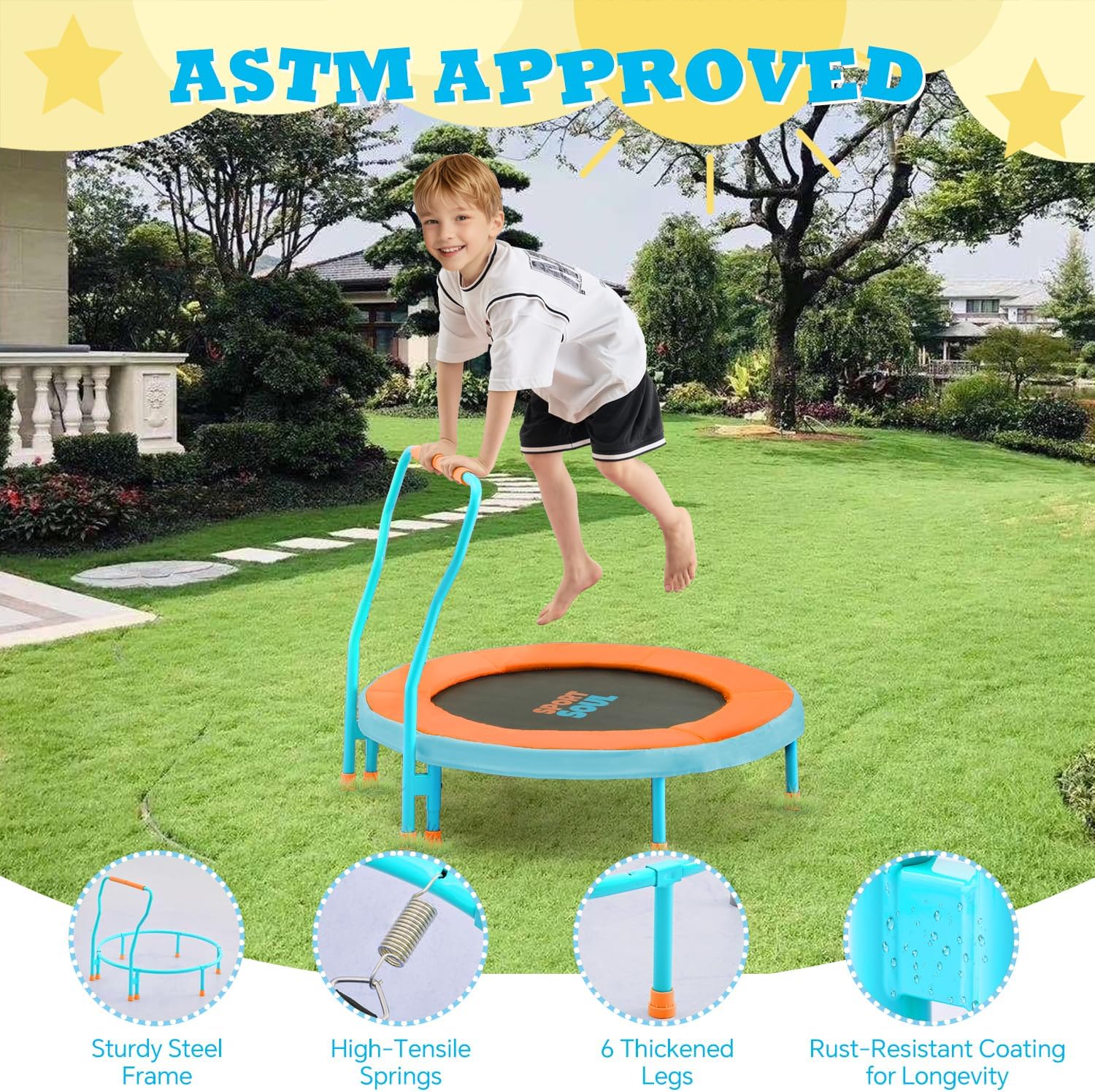 SPORTSOUL Mini Trampoline for Kids 3-6 with Super Safe Foam Handle Bar, 3ft Toddler Trampoline Indoor with No-Gap Cover for Indoor and Outdoor - Image 4