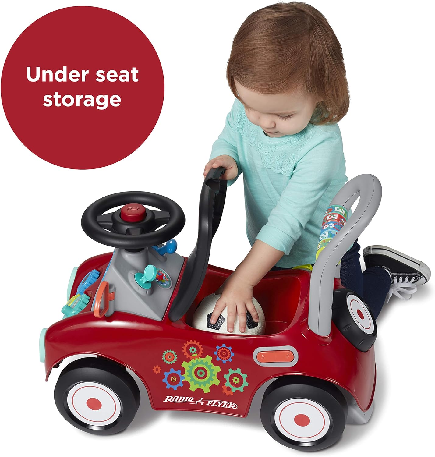 Radio Flyer Busy Buggy, for Toddlers 1-3, 3-in-1 Push Walker Ride On Car with 17 Sensory Activities, Anti-Tip Feature, Under-Seat Storage, Horn and Gears, 42 lb Capacity, Toddler Ride On Toys - Image 5