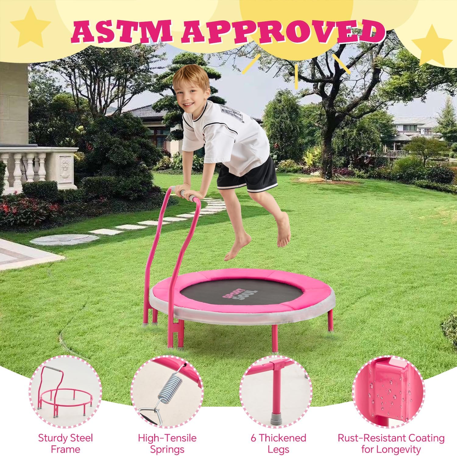 SPORTSOUL Mini Trampoline for Kids 3-6 with Super Safe Foam Handle Bar, 3ft Toddler Trampoline Indoor with No-Gap Cover for Indoor and Outdoor - Image 5