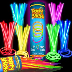 PartySticks Glow Sticks Party Supplies 100pk – 8 Inch Glow in the Dark Light Up Sticks Party Favors, Glow Party Decorations, Neon Party Glow Necklaces and Glow Bracelets with Connectors