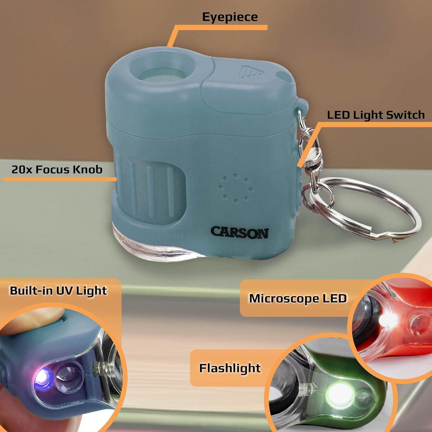 Carson MicroMini 20x Pocket Microscope for Adults, UV and LED Flashlight, Blue (MM-280B) - Image 2