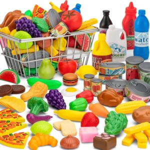 55 Pcs Grocery Store Pretend Play Food Set with Shopping Basket for Kids Toddlers 1-3 4-8, Kids Play Kitchen Accessories Plastic Fake Food Fruits and Vegetables Can Toy Gifts for Boys Girls