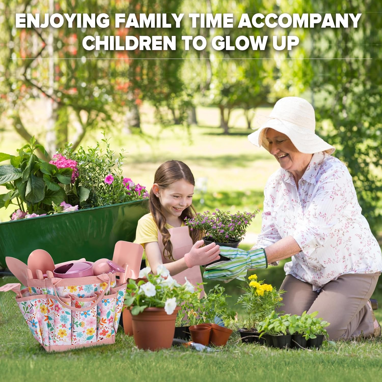 Qtioucp Kids Gardening Set 14Pcs Garden Tools with Tote Bag,Watering Can, Shovel, Apron, Garden Book and More Educational STEM Learning Outdoor for Toddlers Boys Girls (Floral) - Image 5