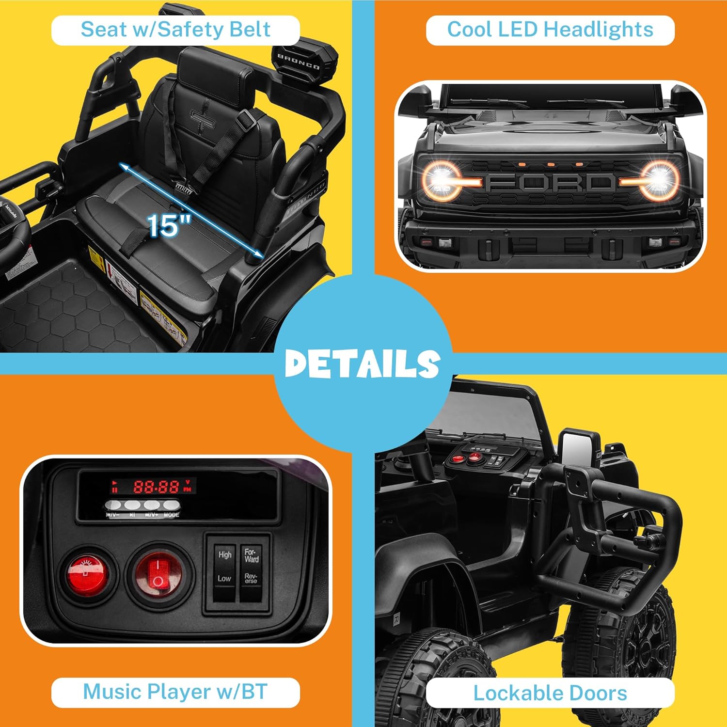 ENYOPRO 12V Licensed Ford Bronco Raptor Ride on Car for Kids, Battery Powered Electric Car for Toddlers w/Remote Control, Spring Suspension, Seat Belt, Bluetooth, Horn, LED Lights, Radio (Black) - Image 5