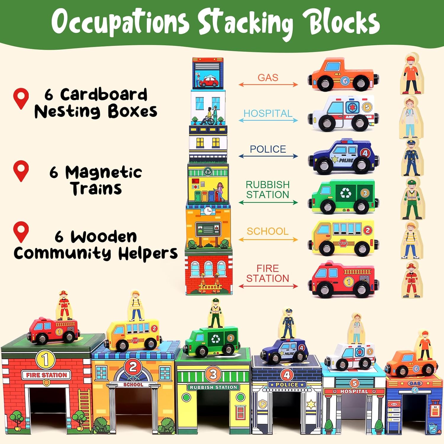Atoylink Toddler Sorting and Stacking Toys with Magnetic Wooden Cars & Community Helpers, Baby Number Blocks Nesting Boxes Preschool Learning Montessori Toys for 1 2 3 Year Old Boys Girls Gift - Image 3
